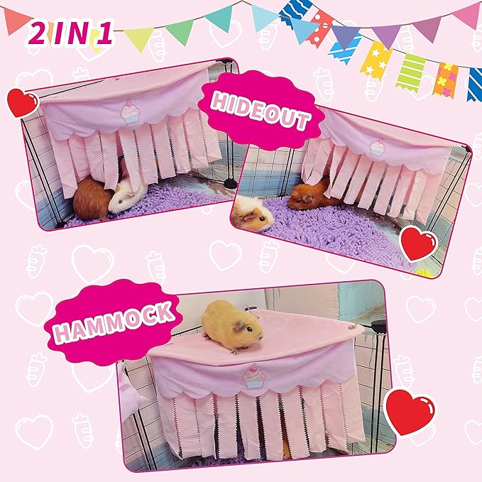 Guinea Pig Hideout, Cute Guinea Pig Corner Fleece Forest Hideaway 3-Side Curtain, Rabbit Hammock Toy and House Bed for Bunny, Ferret, Rat, Chinchilla and Small Animal Cage Accessories (Pink)