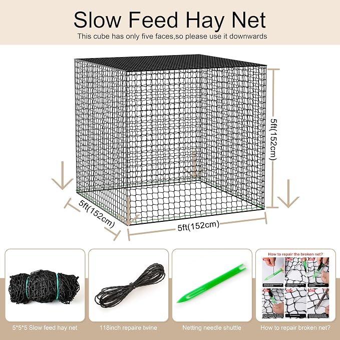 Martx 5X5ft Round Bale Hay Net for Horses Slow Feed,Knotless-Livestock Slow Feed Hay,Fits 4x4 5x5 6x6 Round Bales,Heavy Duty &1.5inch Holes Feeder Nets for Horses Goats Cattle Reduce Waste