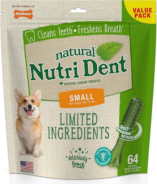 Nylabone Nutri Dent Dog Dental Chews - Natural Dog Teeth Cleaning & Breath Freshener - Dental Treats for Dogs - Fresh Breath Flavor, Small (64 Count)