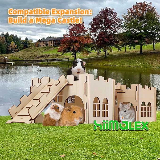 HIIMALEX Sturdy Guinea Pig Hideout Wooden Castle for Guinea Pig Chinchilla Hedgehog Gerbil Hamster Rat House Habitat for Playing and Hiding (Castle with Ramp & Mat)
