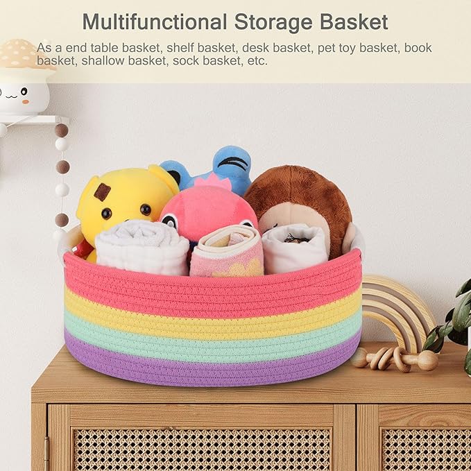 Small Woven Basket with Gift Bags and Ribbons, Empty Baby Gift Baskets for Kids Women Men, Shelf Storage, Small Cat Dog Pet Toy Boxes, 13”x 9”x 5.5”, Rainbow