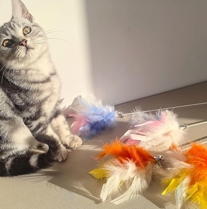 Interactive Cat Teaser Wand with Colorful Feathers & Double Bells, Irresistible Wiggle for Indoor Cats, Chew-Resistant Kitten Toy (Orange)