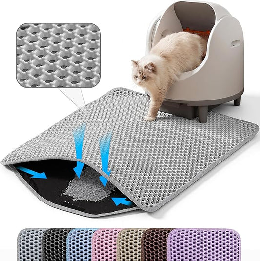 Small Cat Litter Mat, 20x14’’ Double Layer Honeycomb Cat Litter Box Mat, Non Slip Waterproof Urine Proof Litter Trapping Mat for Floor, Kitty Litter Pad, Indoor Pet Supplies, Gray