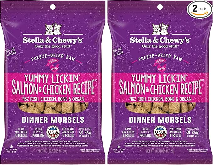 Stella & Chewy's Freeze-Dried Raw Cat Dinner Morsels - Premium Salmon & Chicken Recipe with 98% Wild-Caught & Cage-Free Protein - Natural Grain-Free Cat & Kitten Food - Made in USA - 1 oz (Pack of 2)