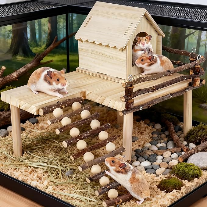 Wooden Hamster House and Platform, Hamsters Platform with Ladder, Hamster Cage Accessories, Cute Small Pets Toy for Hiding Sleeping Activities Habitat Decor