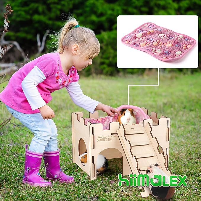 HIIMALEX Sturdy Guinea Pig Hideout Wooden Castle for Guinea Pig Chinchilla Hedgehog Gerbil Hamster Rat House Habitat for Playing and Hiding (Castle with Ramp & Mat)
