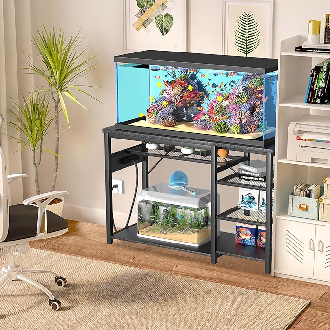 GRLEAF 55-75 Gallon Aquarium Stand: 1000LB Capacity, Built-In Power Outlets, 3-Tier Shelves for Fish Tank Accessories Storage, Heavy-Duty Steel/Wood Hybrid for Fish & Reptile Tanks | Excludes Tank