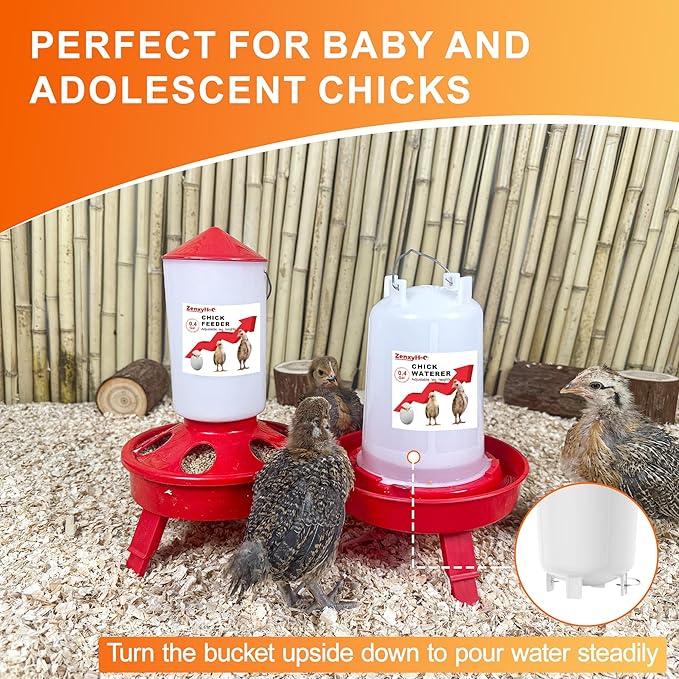 2-in-1 Chick Starter Set: 0.4 Gal Top Filling Feeder and 0.4 Gal Waterer with Adjustable Legs for Baby Chicks, Includes Scoop, Hanging Hooks, Anti-Drown Design (Red)