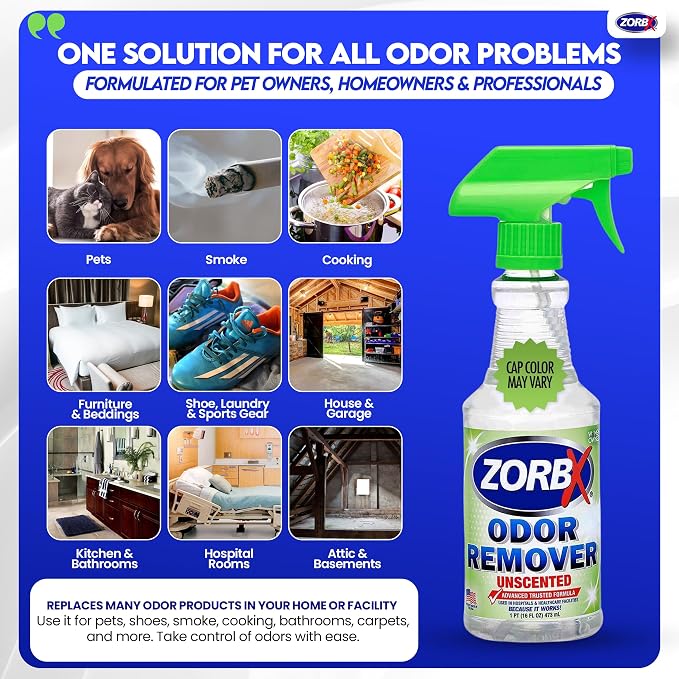 ZORBX Unscented Odor Eliminator Spray 16 Oz (2-Pack) – Hospital-Grade Permanent Odor Remover for Pet & Human Urine, Smoke & Strong Household Odors – Carpet, Upholstery, Mattress, Bathroom, Car & More
