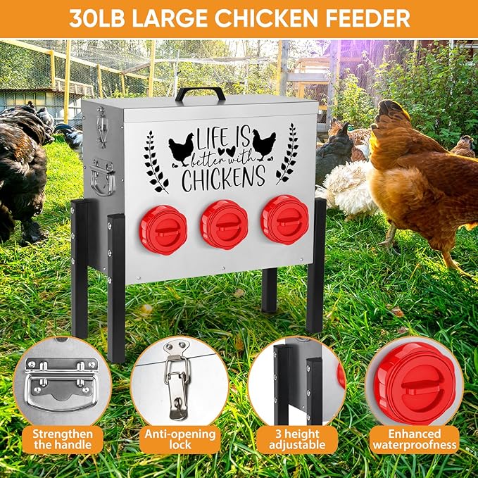 TGEYD 30 lb Chicken Feeder with 6 No-Waste Ports – Heavy-Duty Outdoor Metal Feeder with Adjustable Height, Locking Lid & Riveted Handles – Rustproof Feed Box for Poultry & Backyard Chickens