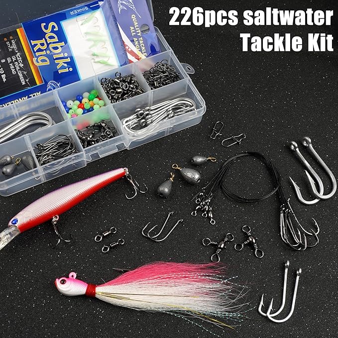 226pcs Saltwater Fishing Tackle Kit Include Fishing Lures Hooks Leader Rigs Bucktail Jig Weights Sinkers Swivel Snap Beads Various Accessories with Tackle Box for Freshwater Saltwater Fishing