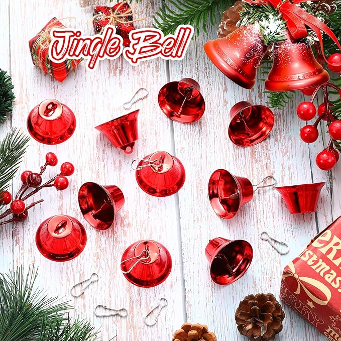 30 Pieces Craft Small Brass Bells for Crafts Mini Vintage Bells with Spring Hooks Tiny for Hanging Wind Chimes Making Dog Training Doorbell Wedding Decor, 1.65 x 1.5 Inch(Red)