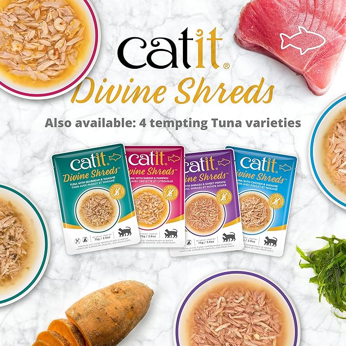 Catit Divine Shreds Premium Cat Food Topper, Chicken with Mackerel & Broccoli