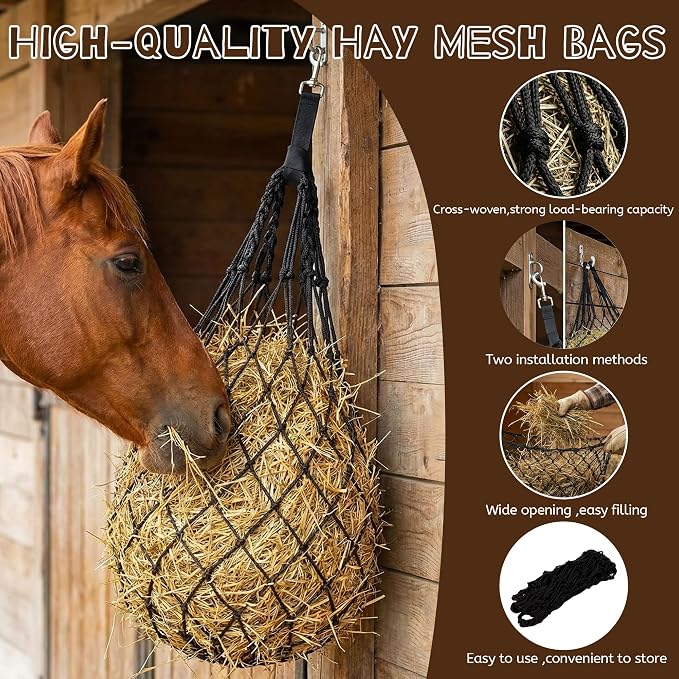 3 Pcs 47" Large Heavy Duty Hay Nets for Horses,Slow Feed Hay Bags for Horses – Hanging Hay Net Feeder with Straps & Hooks for Stall, Fence, Trailer, Goats & Sheep