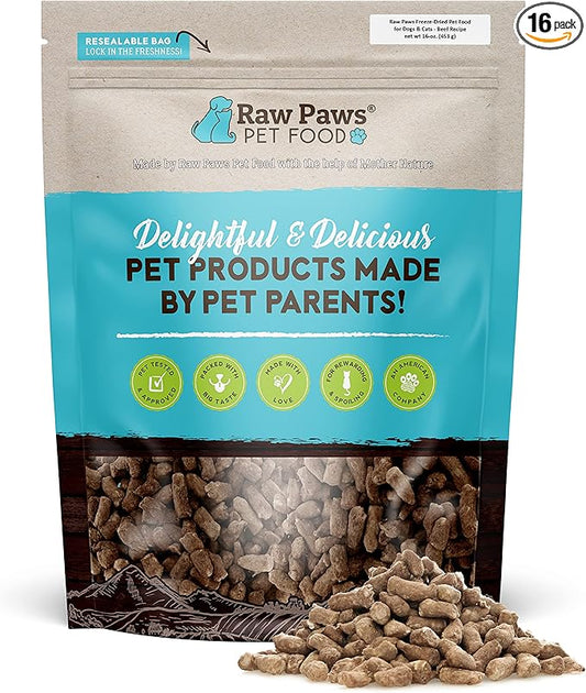 Raw Paws Freeze Dried Dog Food & Cat Food - Beef Recipe, 16-oz - Made in USA - Freeze Dried Raw Dog Food - Raw Food for Dogs - for Cats