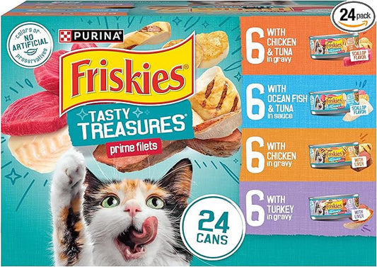 Purina Friskies Wet Cat Food Variety Pack, Tasty Treasures Prime Filets (With Chicken and Tuna, With Chicken, and With Ocean Fish and Tuna, and With Turkey) - (Pack of 24) 5.5 oz. Cans