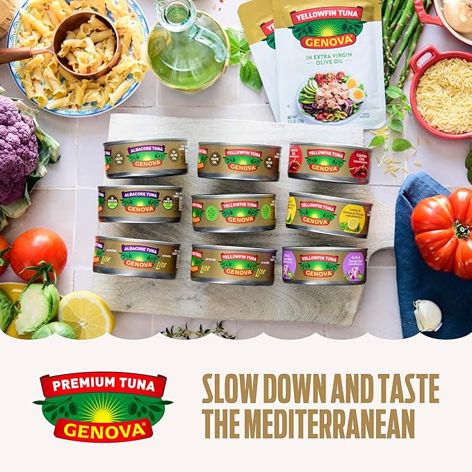 Genova Premium Yellowfin Tuna in Calabrian Chili Infused Olive Oil, 5 Ounce Cans (Pack of 12), Wild Caught Tuna, Solid Light