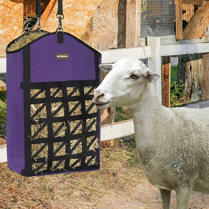 Ultra-Slow Feed Hay Bag for Horses, 3 Packs Hay Bags with Net Front Design,Wide Opening for Easy Filling,Two Types of Hanging for Feeding Goats, Sheep and Donkeys (1 Black+2 Purple)