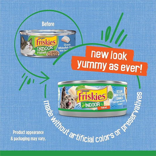 Friskies Purina Indoor Cat Food Flaked Ocean Whitefish Dinner with Garden Greens in Sauce - 5.5 oz. Cans (Pack of 24)