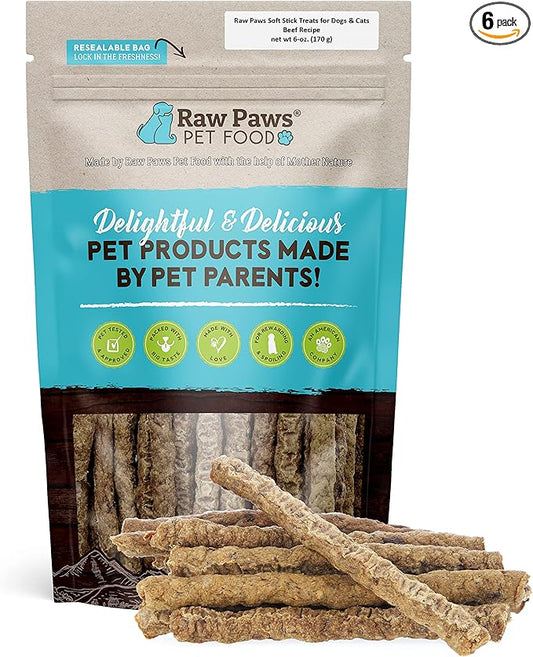 Raw Paws Grain-Free Soft Stick Treats for Dogs & Cats - Beef Recipe, 6-oz - Made in USA Beef Jerky Treats - Cat Sticks - Chewy Dog Jerky Treats - Dog Sausage - Soy, Grain Free