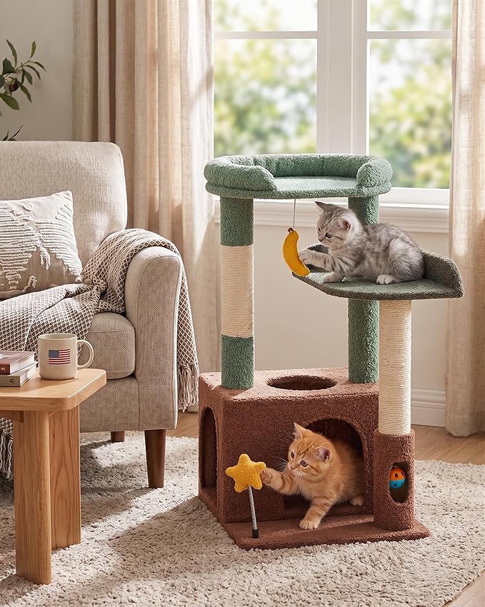 31" Cute Cat Tower for Indoor Kittens with Cat Condo, Plush Platform, Hammock, Sisal Scratching Posts, Dangling Ball, Tall Cat Tree Tower with Self-Grooming Brush (Olive Green)