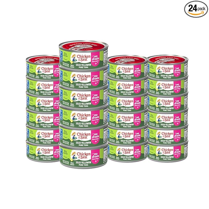 Chicken of the Sea Solid Yellowfin Pure Tuna, 4 oz. Cans (Pack of 24), Wild Caught Canned Tuna, No Drain