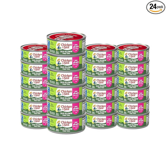 Chicken of the Sea Solid Yellowfin Pure Tuna, 4 oz. Cans (Pack of 24), Wild Caught Canned Tuna, No Drain