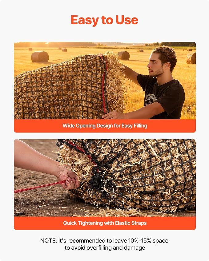 VEVOR Round Bale Hay Net, 4.92 x 4.92 x 4.92 ft, 1.65 inch Holes, PE Material, Knotless Design, with Self-Locking Zip Ties, Needle Shuttle, and Repair Twine, Slow Feeder Round Bale Net for Horses