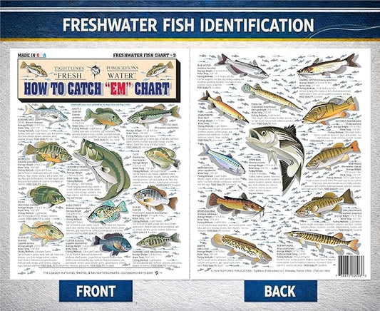 Freshwater Fish Identification Chart #3 - Waterproof Quick Reference Fishing Guide - Species ID + Fishing Methods - Double-Sided & Easy to Read - Great Gift for Beginners