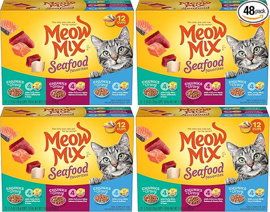 Meow Mix Seafood Favorites Chunks in Gravy Wet Cat Food Variety Pack, 2.75 Ounce (Pack of 48)