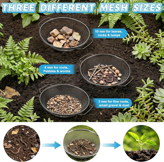3PCS Soil Sifter for Gardening, Rock Soil Sifter with Handle Compost Sifting Screen for 5 Gallon Buckets with Metal Garden Shovel Gloves 3,6,10mm Mesh Sizes Remove Stone Fine Gravel Sand Dirt Black