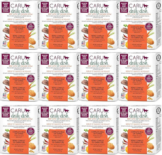 Caru - Daily Dish Beef & Chicken Stew - For Dogs - Supports Overall Pet Health - Wet Dog Food/Meal Topper - Human Grade Ingredients - Grain, Corn & Soy Free - Non-GMO - Made in USA - 12oz - Case of 12