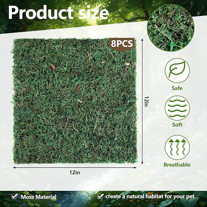 Breling 8 Pcs Reptile Carpet Natural Moss Terrarium Bedding 12'' x 12'' Reptile Habitat Mat Moisture Retaining Substrate Liner for Bearded Dragon Lizard Tortoise Snake Leopard Gecko Tank Accessories
