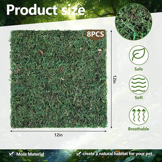 Breling 8 Pcs Reptile Carpet Natural Moss Terrarium Bedding 12'' x 12'' Reptile Habitat Mat Moisture Retaining Substrate Liner for Bearded Dragon Lizard Tortoise Snake Leopard Gecko Tank Accessories