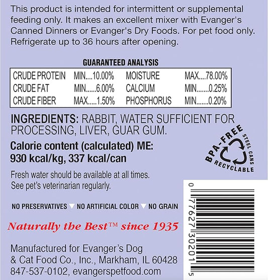 Evanger's Complements Rabbit for Dogs & Cats – 12 Count, 12.5 oz Each – Single-Protein Formula Cooked in Broth – Grain & Gluten Free – Wet Dog & Cat Food