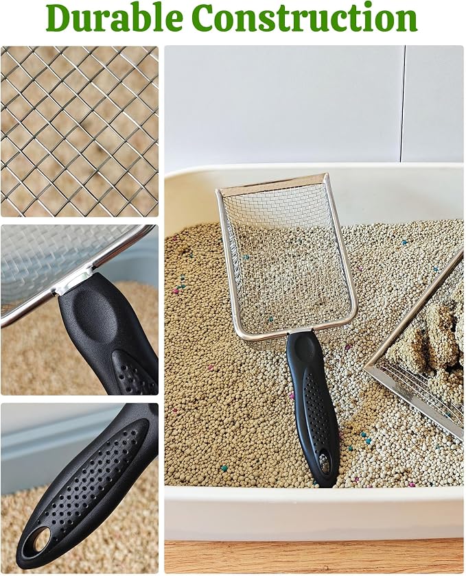 2Pcs Metal Litter Scooper Stainless Steel Metal Cat Litter Poop Scoop with 2.0mm & 3.8mm Mesh,Litter Cleaner Sifter for Cat,Dog,Kitty,Rabbit,Hamster, Reptile