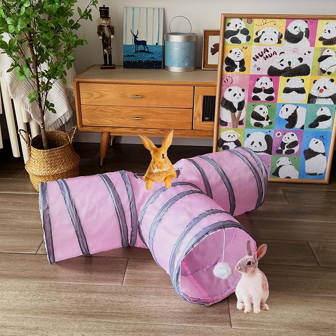 Rabbit Tunnels & Tubes Collapsible 3 Way Pink Grey, Play Tunnel Tube Toy with Hanging Ball for Kitten, Puppy, Bunny, Ferret, Interactive Toys for Fun Playtime & Exercise