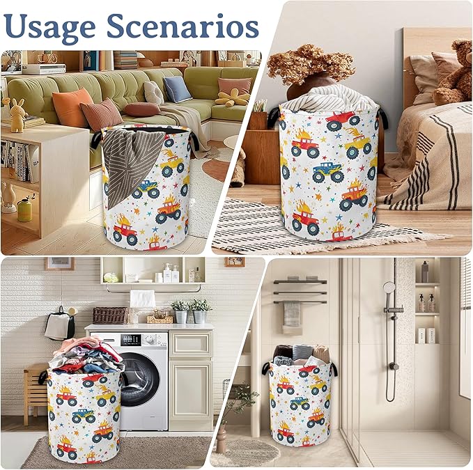Cute Truck Laundry Basket,Foldable Oxford Cloth Laundry Hamper With Handle, 20.8"x16" Portable Clothes Storage Basket Bag for Laundry Room/Bathroom/Bedroom/Dormitories