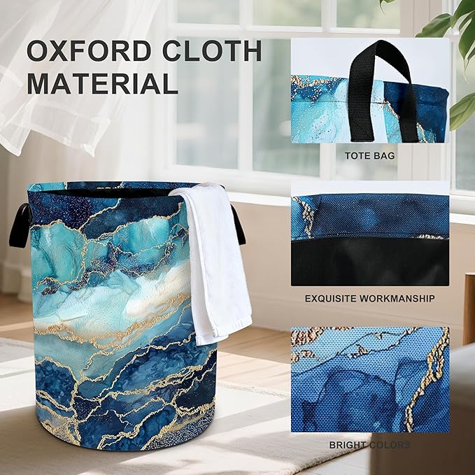 Marble Teal Laundry Basket Storage Bin Foldable Laundry Hamper Clothes Storage Bucket Organizer 19.6x15.7 Inch For Laundry Room/Bedroom/Bathroom