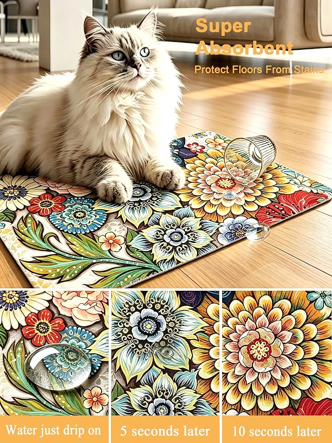 Rnivvi Dog Food Mat, 12" x 19" Flower Absorbent Dog Cat Bowl Mat for Food and Water, Cute Anti-Slip Rubber Pet Feeding Rug Protect Floors, Puppy Placemat for Feeding & Watering Supplies,Mandala Floral
