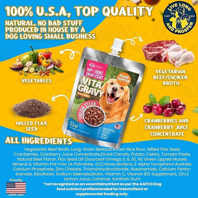VitaGravy Dog Food Topper for Dry Dog Food Wet Dog Food in Real Sirloin Steak Delicious Flavour. Dogs Love Rich Gravy Texture than Bone Broth for Dogs. Farmers Dog Food toppers, Pet Food, 3.5oz, 3Pk