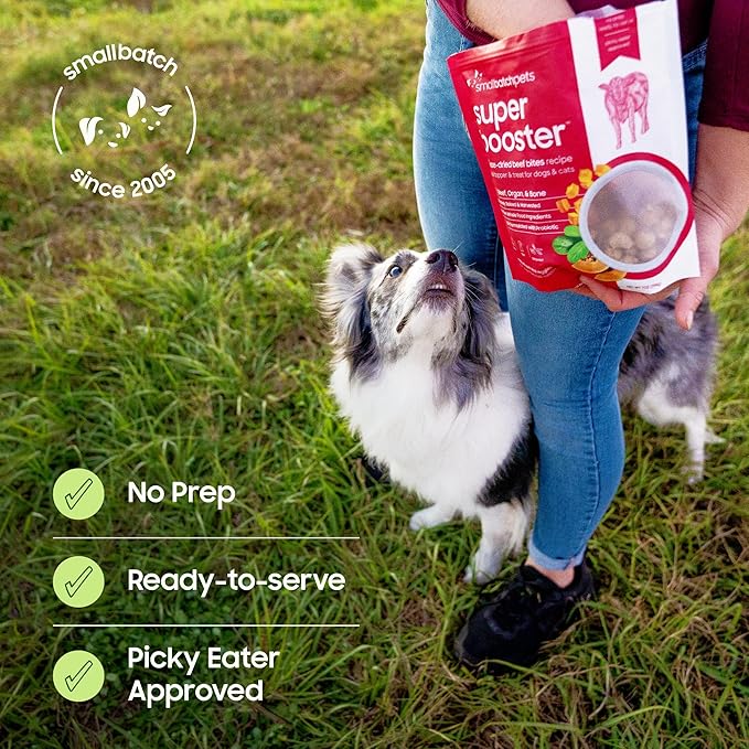 smallbatch Freeze Dried Dog Treats, Superfood Food Topper Beef Bites for Dogs & Cats, Probiotics, Organic Ingredients, High Protein, Grain Free Healthy Treat Food Topper, Made in the USA, 7 oz Bag