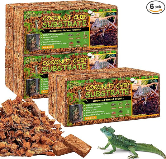 Riare 6 Pack Natural Coconut Chip Substrate for Reptiles- Compressed Coconut Husk Reptiles Bedding, Coco Husk Chip Terrarium Substrate for Snakes, Tortoises, Ball Python, Frogs, Bearded Dragon, Lizard