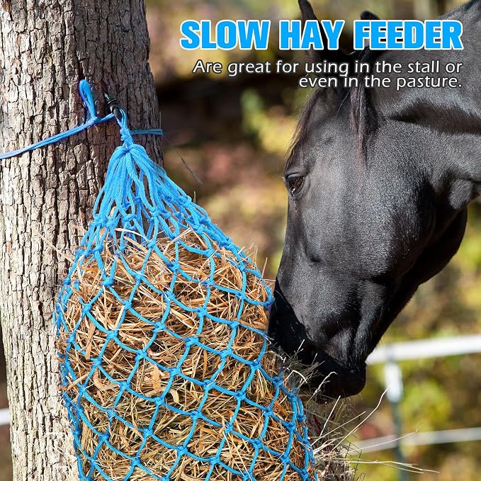 Nuenen 4 Pcs Hay Bags for Horses Goat 40 Inch Oxford Slow Feeder Hay Nets Bag for Horses Sheep Hanging Feeding Supplies Trailer Stable(Sky Blue)