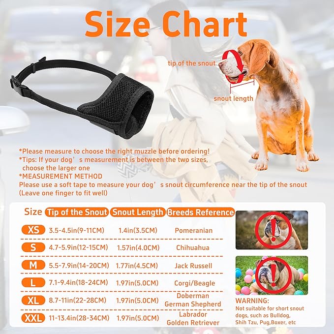 Seyezo Dog Muzzle, Breathable Nylon Muzzles for Small Medium Large Dogs, Soft Air Mesh Pet Muzzles Anti Chewing Allow Eating Drinking, Adjustable Puppy Mouth Cover Prevent Biting 6 Sizes, Black, XS