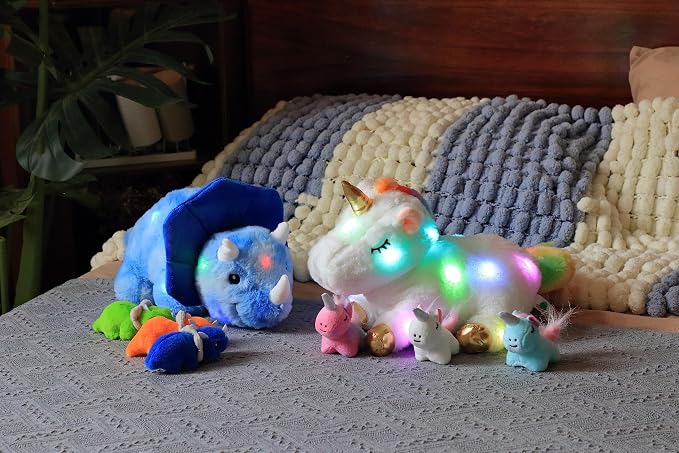 Hopearl LED Plush Dinosaur Lighting Up Stuffed Mommy Triceratops with 3 Babies in her Tummy Floppy Stuffed Animal Playset Night Lights Glow in The Dark Gifts for Kids Toddler Boys, Blue, 15''