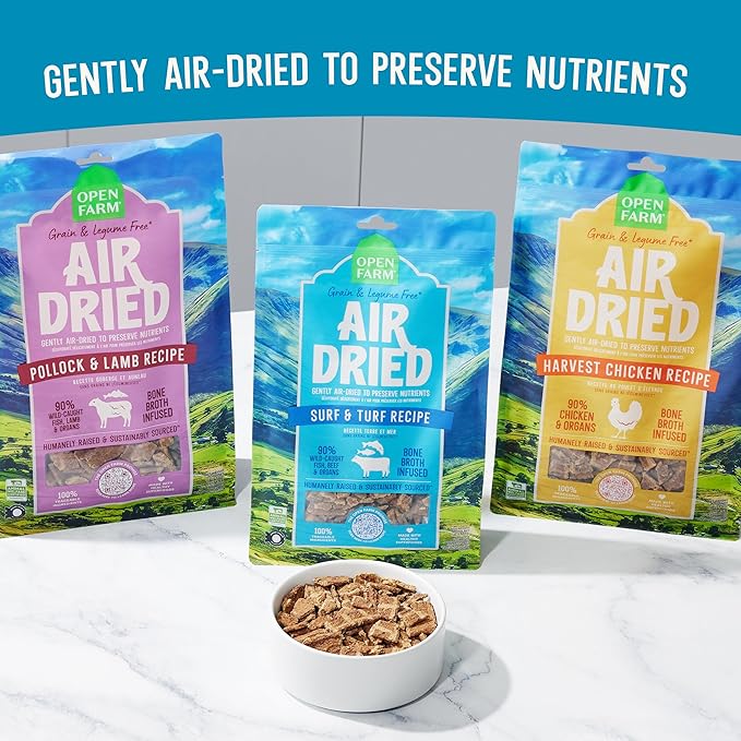 Open Farm, Air Dried Dog Food Infused with Bone Broth, Grain & Legume Free, Complete Meal or Food Topper, Surf & Turf Recipe, 2lb Bag