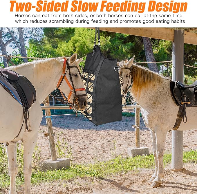 Ultra-Slow Feed Hay Bags for Horses,Two-Sided Premium Oxford Hay Bags with Large Opening,Top with Hook-and-Loop Closure,Adjustable Dual-Purpose Strap for Easy Hanging (Black, Large 2 Pack)