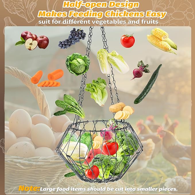 Hanging Chicken Feeder, 9.25IN Large Foldable Poultry Feeder Vegetable Fruits Basket with 4pcs Hanging Stainless Chain, Chicken Treat Holder Ball Boredom Toys for Chicken Hens Duck Coop, Black, 2 Pack