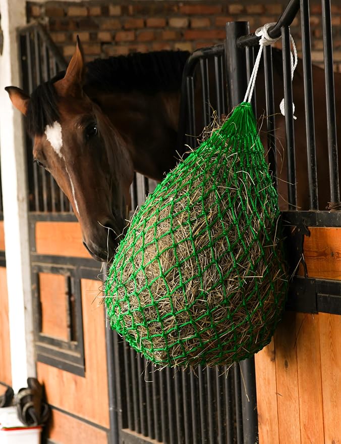 Harrison Howard Slow Feed Hay Net for Horses, 40 Inch Hay Bag Holds 1–2 Flakes, 2 Inch Mesh Durable Hanging Feeder for Stable, Pasture & Livestock-Bright Green